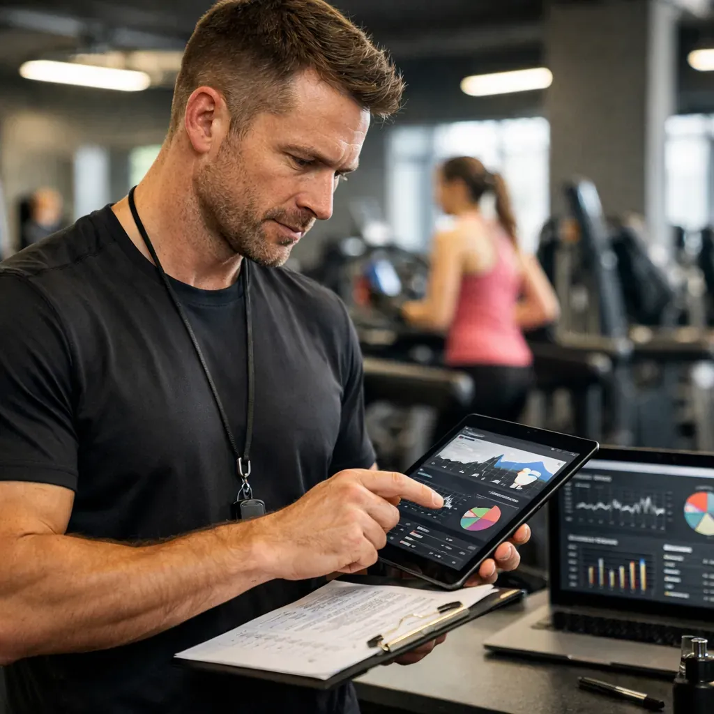 Entraîneur professionnel en salle de sport analysant des données