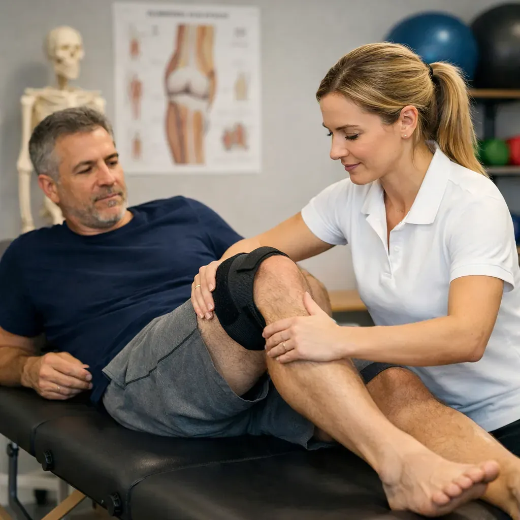 Séance de physiothérapie et rééducation sur le genou d'un patient