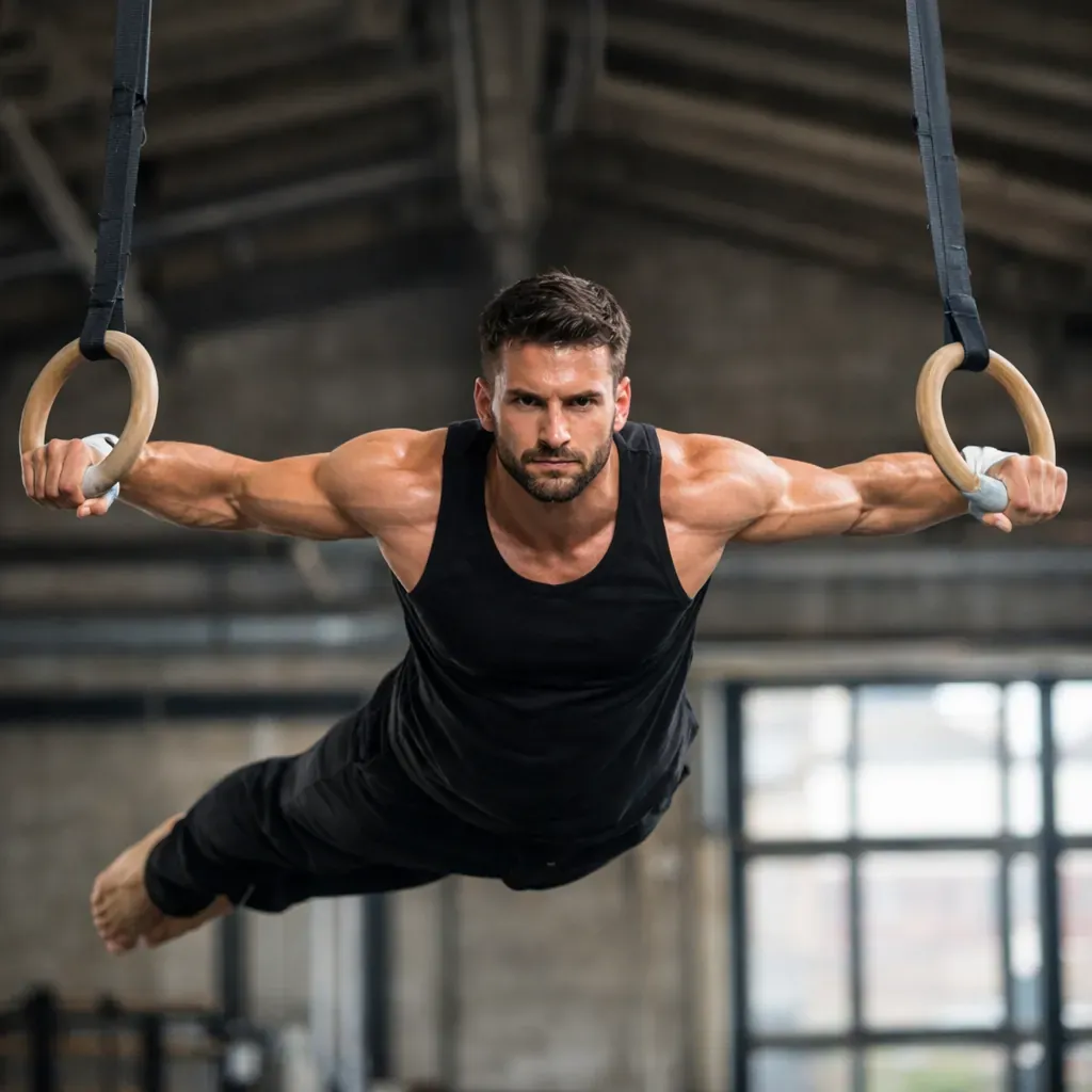 Personne suspendue à des anneaux de gymnastique