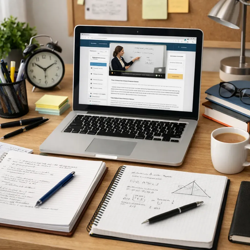 Bureau avec ordinateur et cahiers pour l'apprentissage