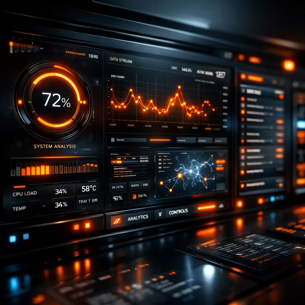 Interface sombre avec accents lumineux