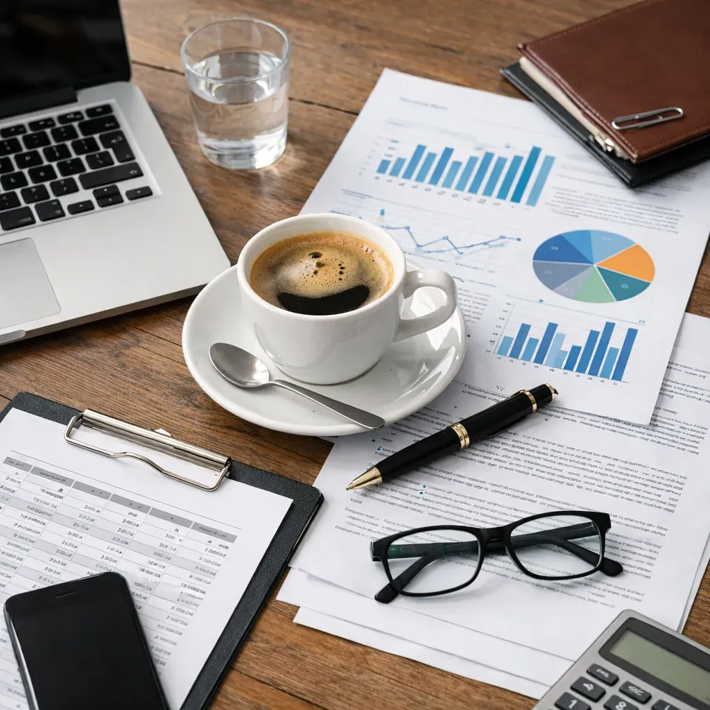 Espace de travail avec café et documents