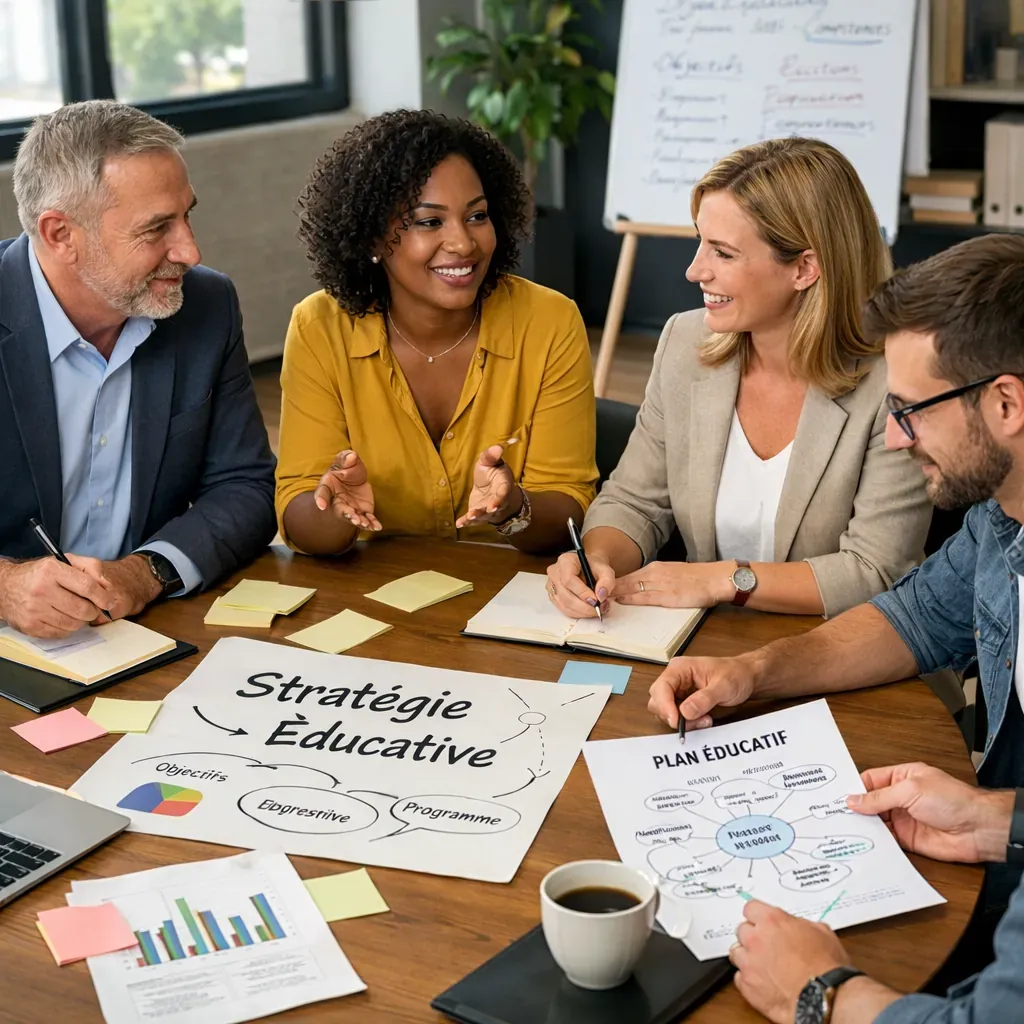 Professionnels collaborant sur une stratégie éducative autour d'une table