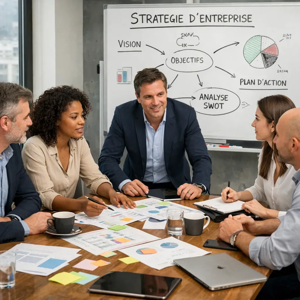 Équipe en pleine session de stratégie d'entreprise