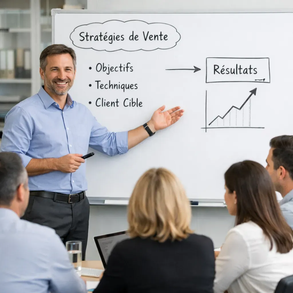 Séance de formation en entreprise avec tableau blanc