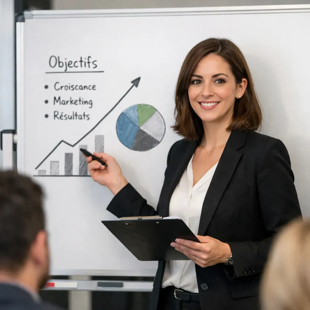 Femme donnant une présentation devant un tableau