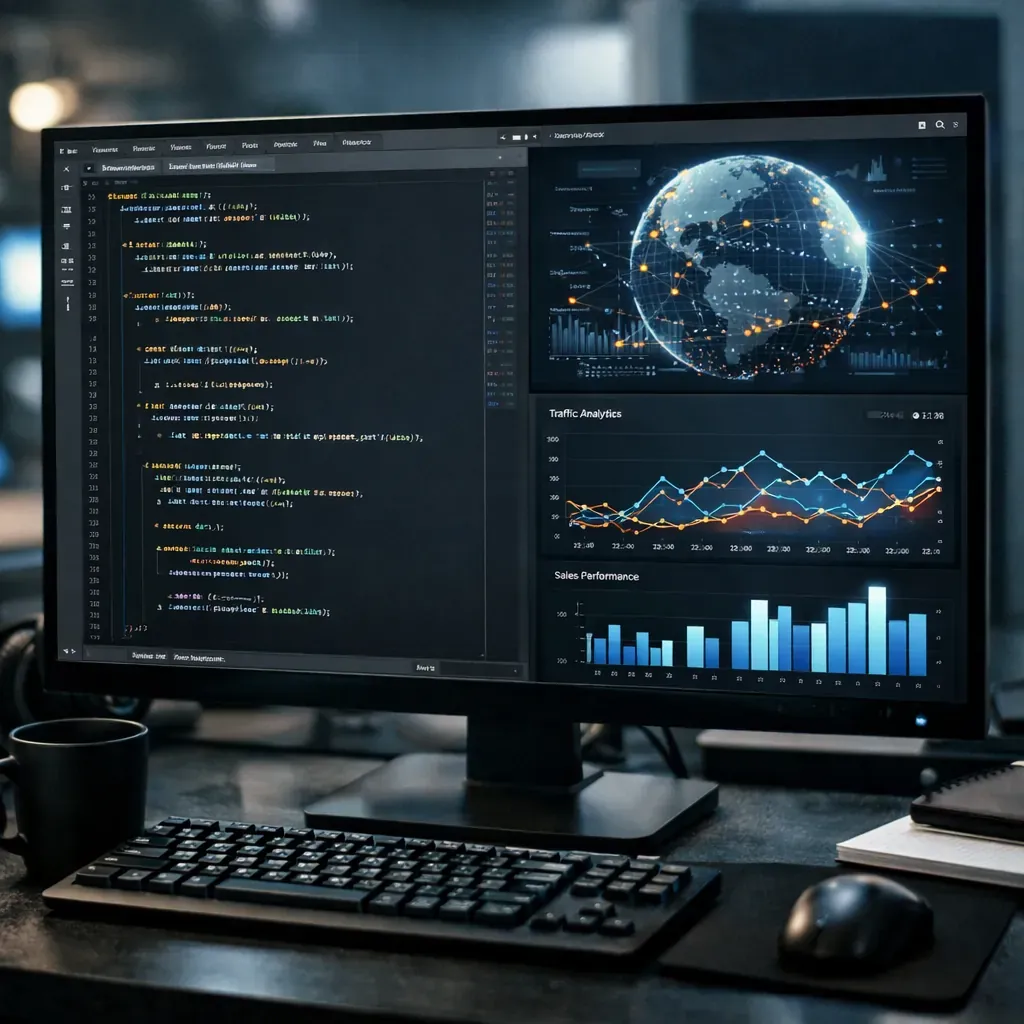 Computer screen displaying code and graphics