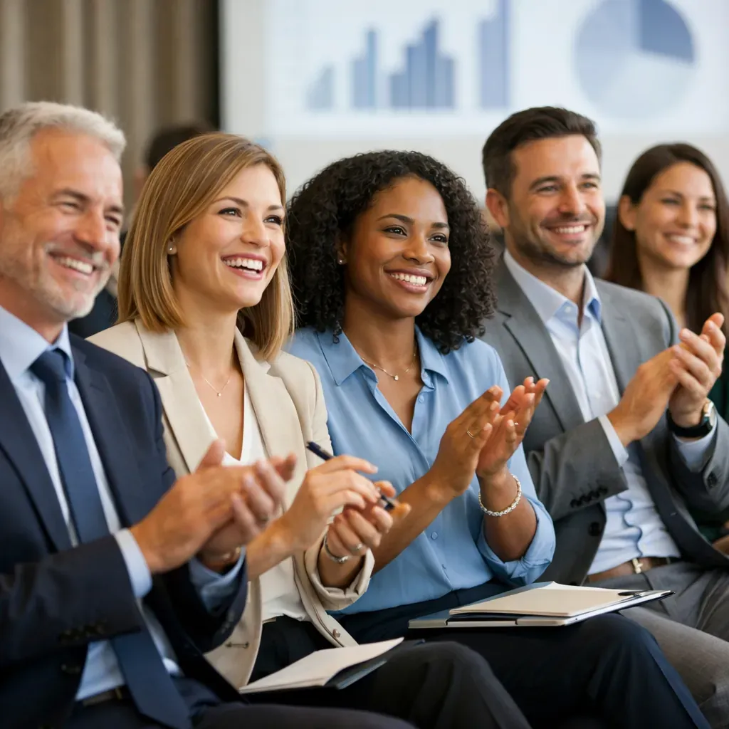 Groupe de personnes souriantes lors d'une présentation