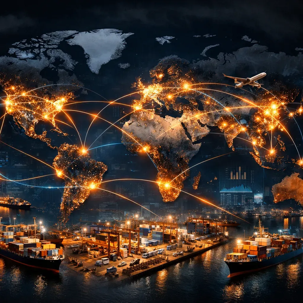 Carte mondiale abstraite des flux logistiques et interconnexions globales