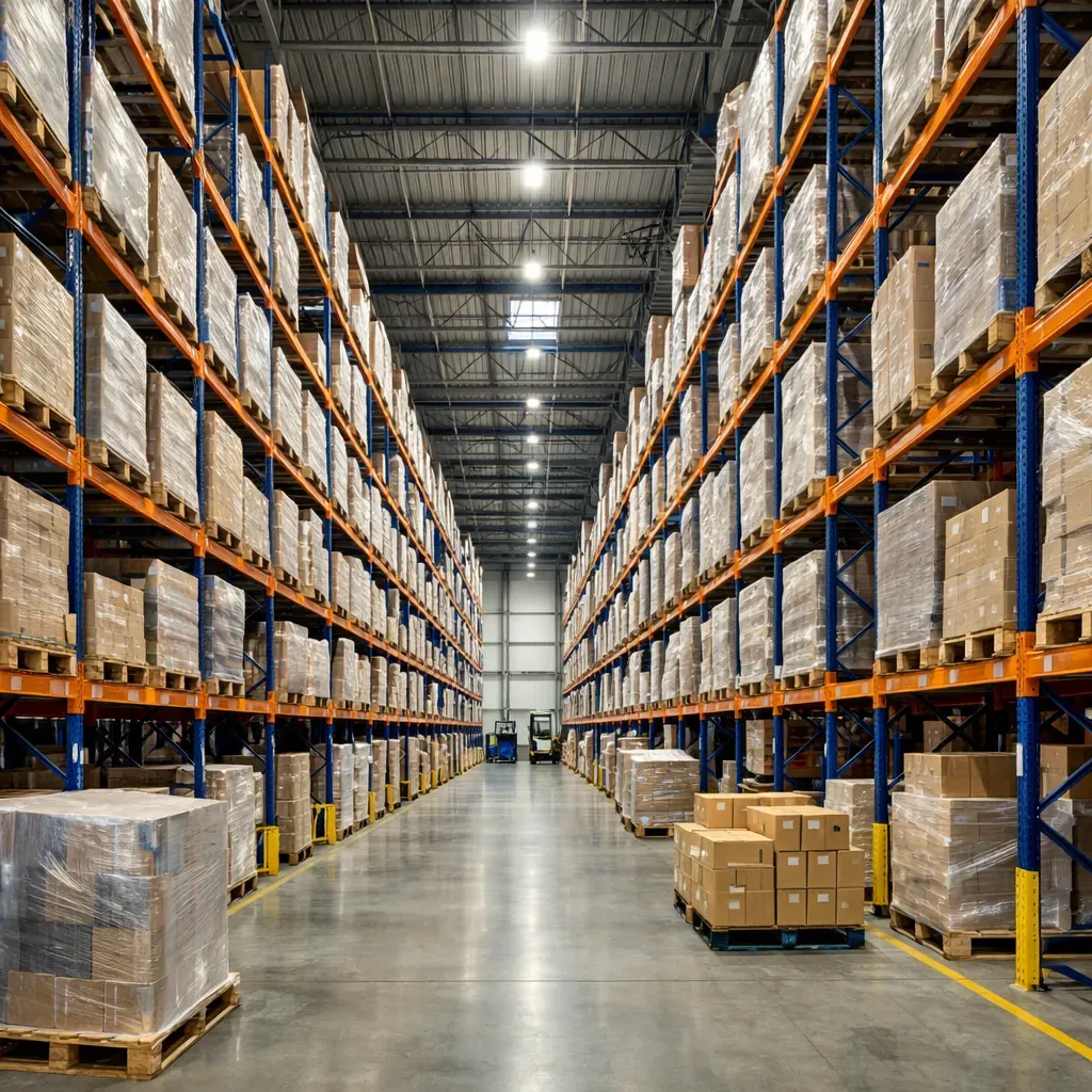 Intérieur d'un entrepôt logistique moderne avec rayonnages de grande hauteur