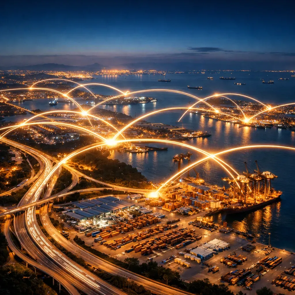 Réseau de lignes lumineuses représentant des routes logistiques
