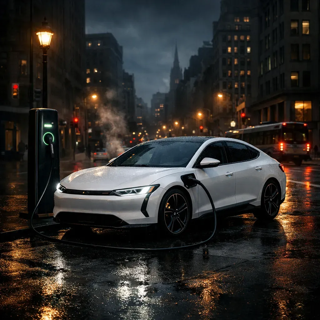 Véhicule électrique dans une ville sombre