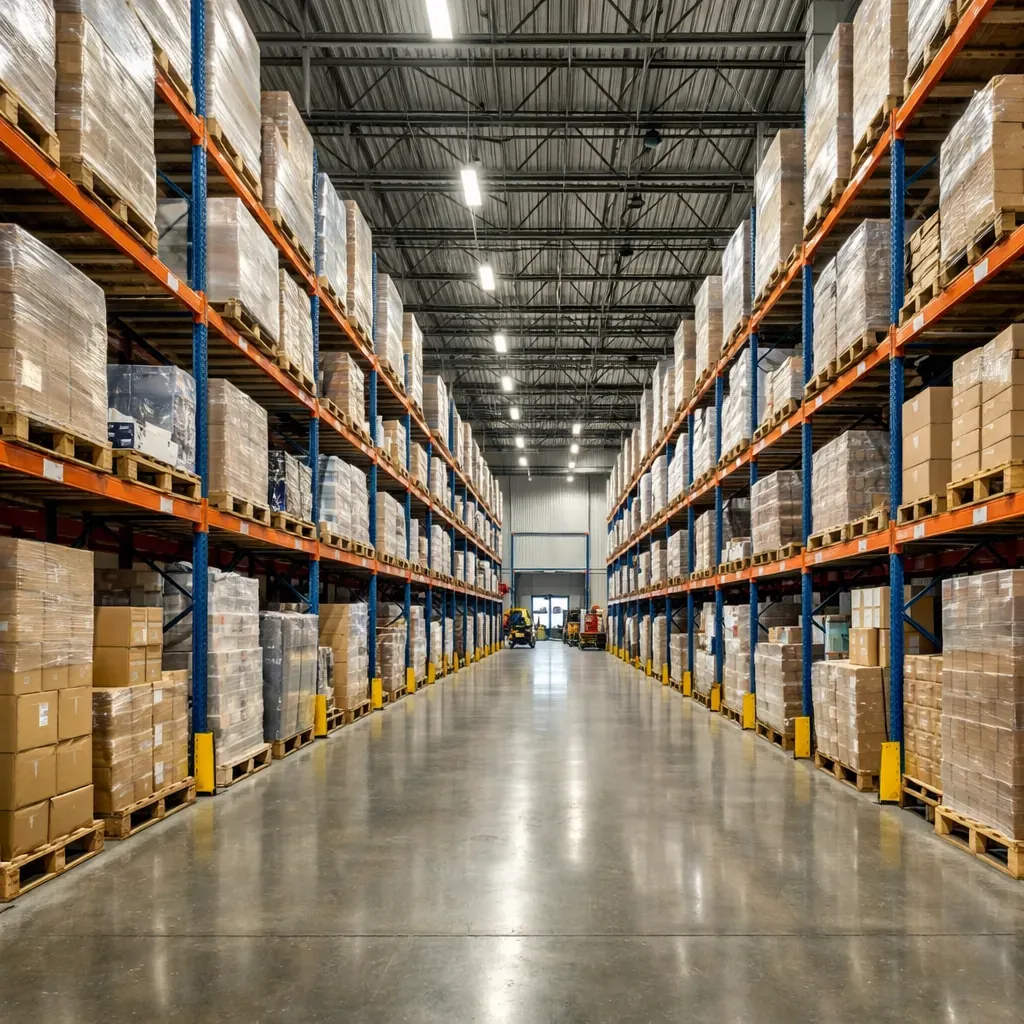 Intérieur d'un entrepôt logistique moderne avec rayonnages