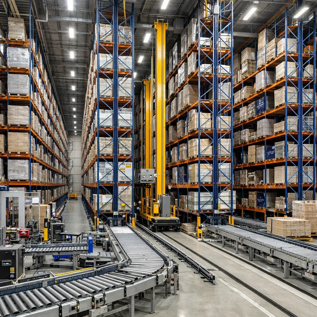 Entrepôt moderne automatisé avec rayonnages de grande hauteur