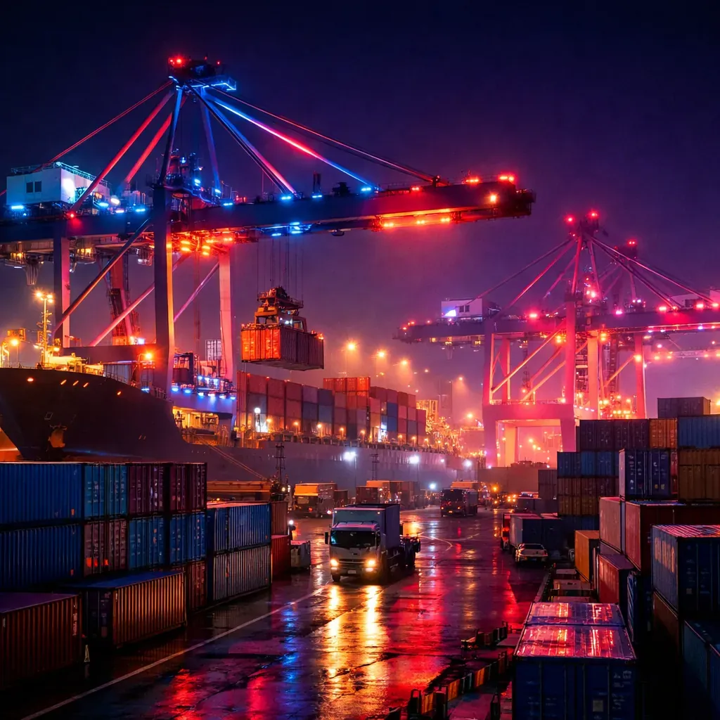 Container terminal at night with neon lights