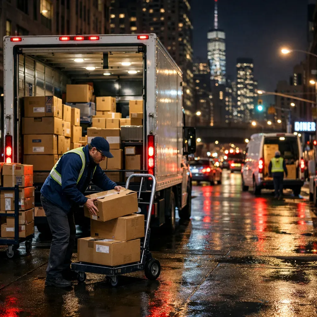 Urban logistics night delivery view