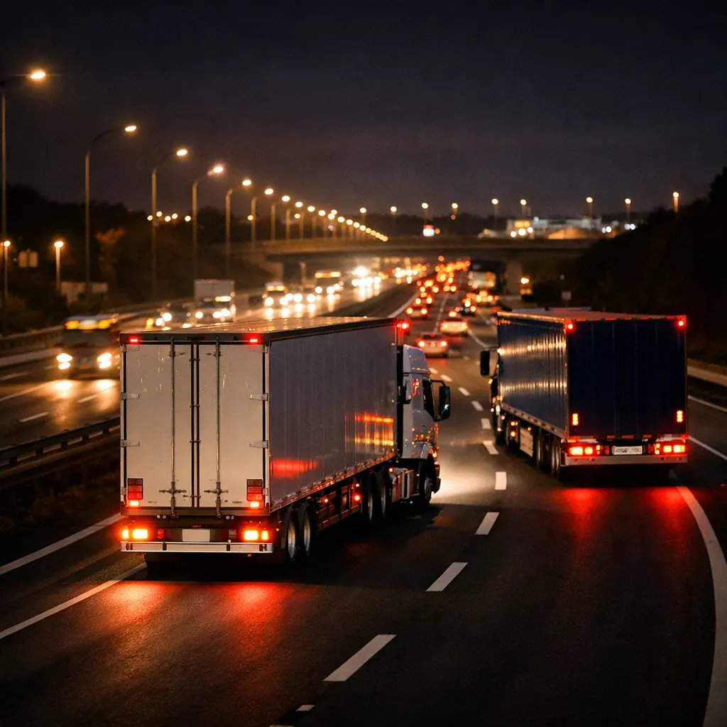 Camions sur autoroute de nuit