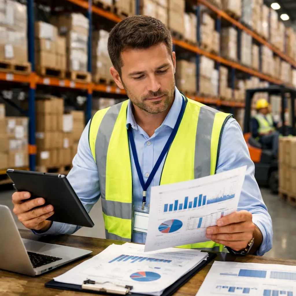 Consultant logistique analysant des données en entrepôt