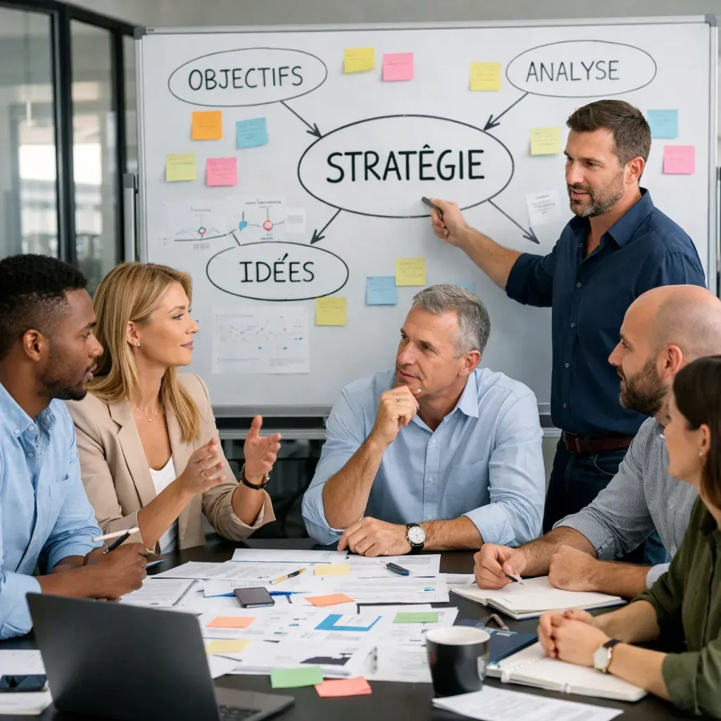Équipe en session de brainstorming stratégique