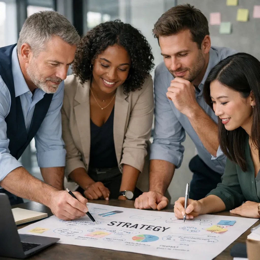 team of professionals collaborating on a strategy document