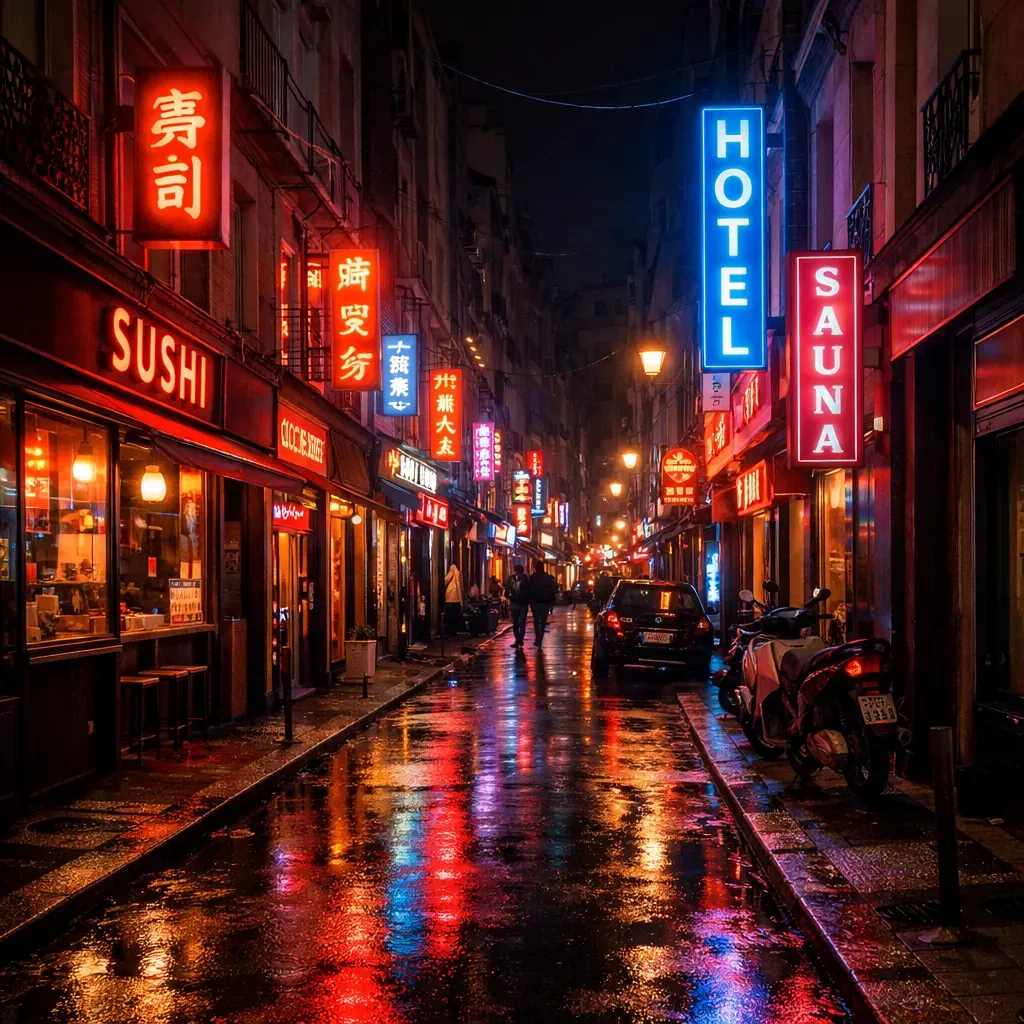 Rue de ville la nuit éclairée par des néons