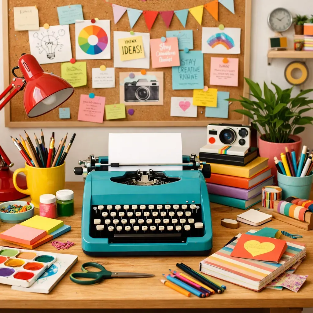 Bureau créatif avec éléments colorés et machine à écrire