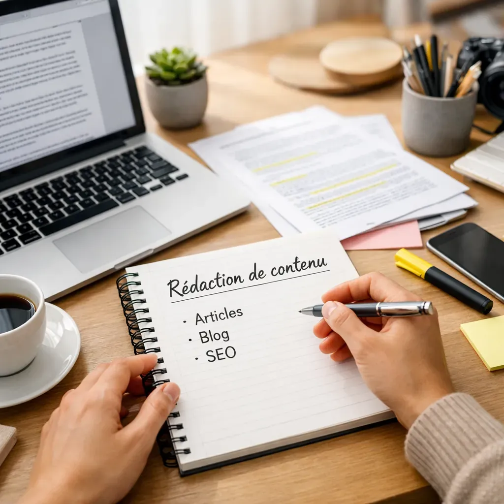 Bureau minimaliste, ordinateur et cahier de notes