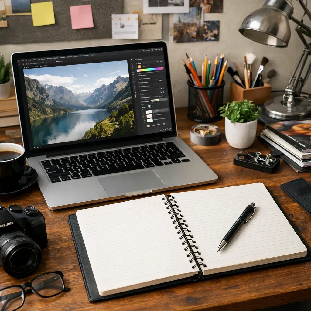 Bureau créatif avec ordinateur et carnet