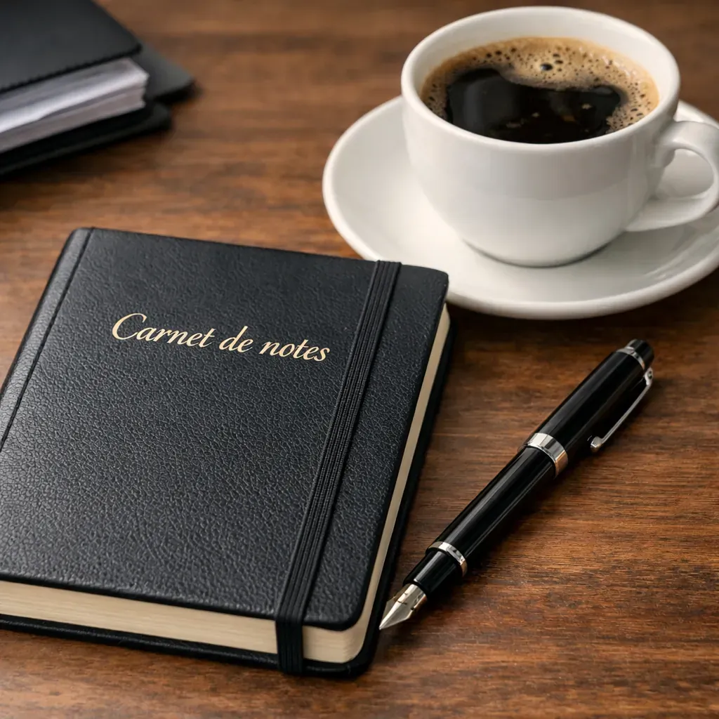 Carnet de notes, stylo et tasse de café
