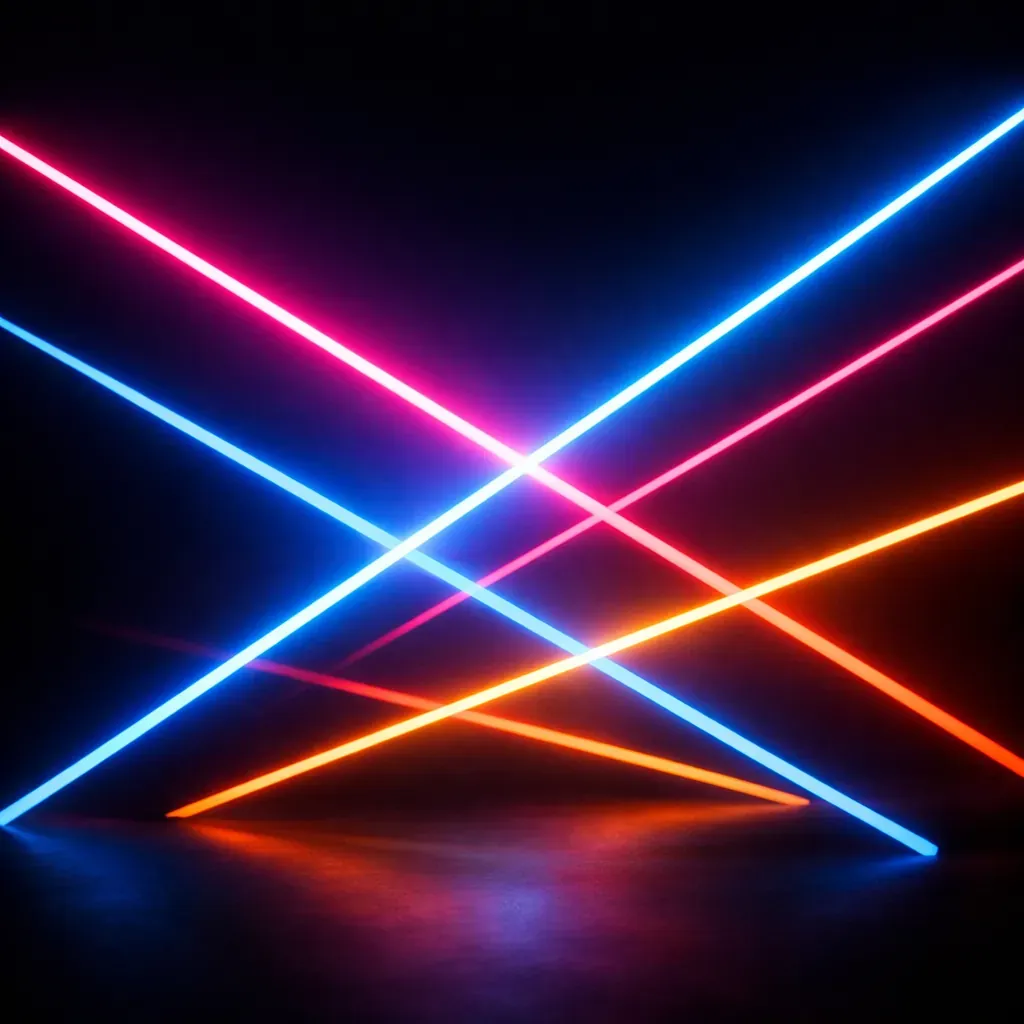 Neon geometry lines intersecting in dark void